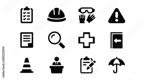 Collection of black safety icons depicting workplace hazards and protective equipment