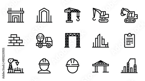 Construction icons set buildings machinery workers and related elements