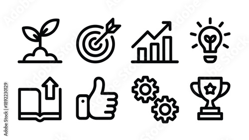 Black outline icons representing growth success learning and innovation concepts