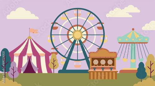 Amusement Park Fairground with Ferris Wheel, Circus Tent, and Rides