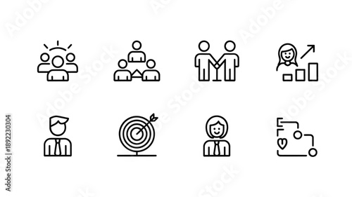 Line art icons depicting leadership teamwork and achieving goals in business