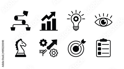Collection of black linear icons representing business strategy and innovation