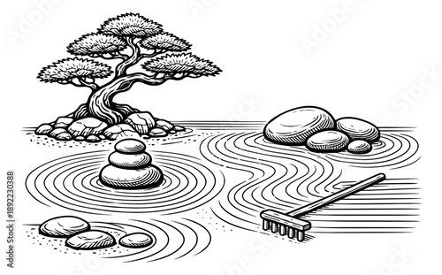 Hand drawn line art illustration of a Japanese zen garden depicting a bonsai tree, stacked stones, and raked sand for meditation and harmony