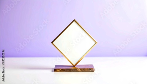 Elegant Diamond Shaped Gold Picture Frame Mockup on Marble Base with Blank White Space, Modern Desktop Decor and Branding Presentation Template, Minimalist Interior Design Elements