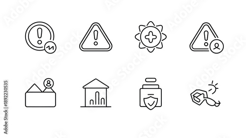 Collection of minimalist line art icons depicting warnings safety and home concepts