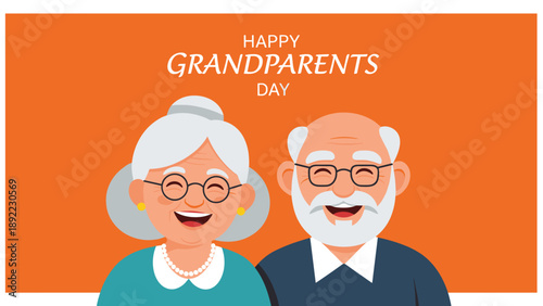 Happy Grandparents Day card featuring a smiling elderly couple with gray hair and glasses against an orange background.