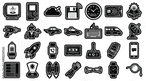 Retro-futuristic technology and transport icons set in black and white