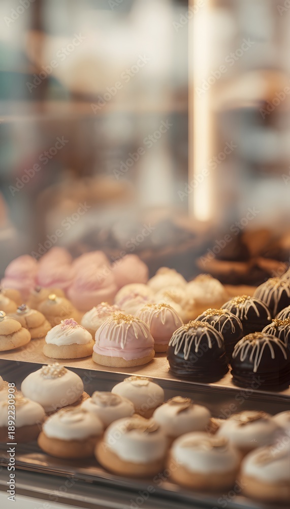 Obraz premium Delicious handmade pastries and cookies displayed invitingly in a cozy bakery showcase scene
