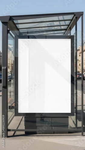 Minimalist Glass Bus Shelter With Blank Poster.