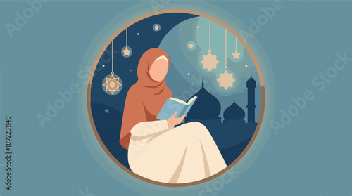 Muslim woman reading a book during Ramadan with mosque silhouette and crescent moon