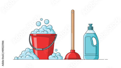 Household cleaning supplies featuring a red bucket with soap suds a toilet plunger and a bottle of blue detergent liquid.