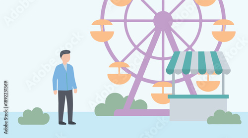 Minimalist illustration of a man at an amusement park with a Ferris wheel