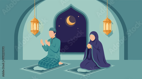 Muslim Couple Praying at Night During Ramadan with Moon and Lanterns
