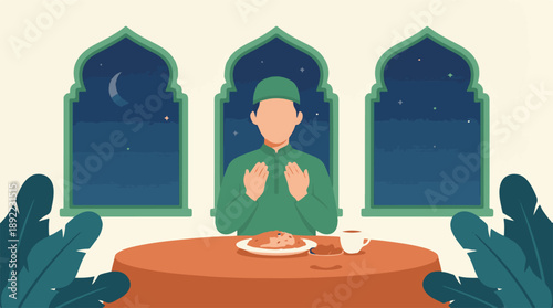 Muslim man praying with Iftar meal at night during Ramadan celebration