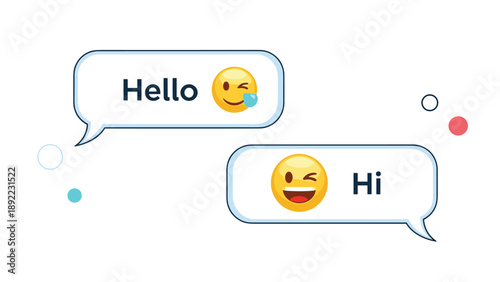 Chat bubbles showing a conversation with Hello and Hi text accompanied by winking and smiling yellow emojis for social app.