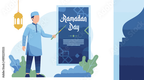 Muslim Man Explaining Ramadan Day Banner with Lantern and Mosque Elements