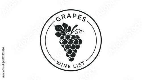 Wine list emblem featuring a bunch of grapes with leaves inside a circular border on a white background for restaurant menu.