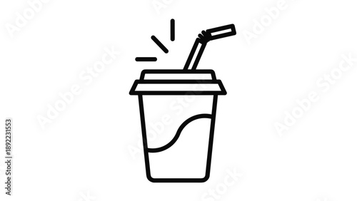 Black and white line art illustration of a takeaway soda cup with a plastic lid and a bent drinking straw for fast food icon.