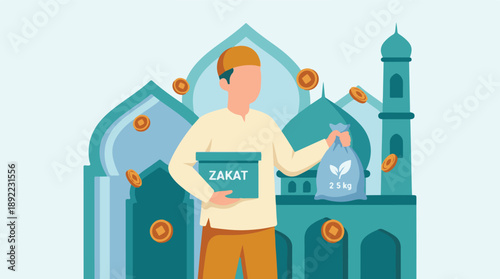 Muslim Man Giving Zakat Donation with Mosque and Coins in Background