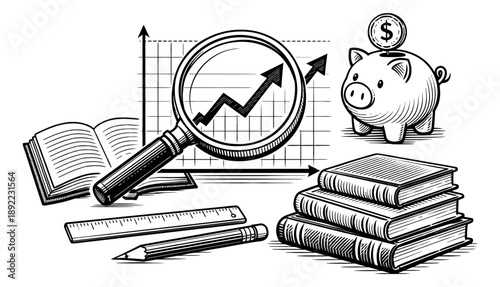 Hand drawn line art business and education set featuring a magnifying glass, a rising chart, a piggy bank, books, a pencil, and a ruler for financial analysis and learning