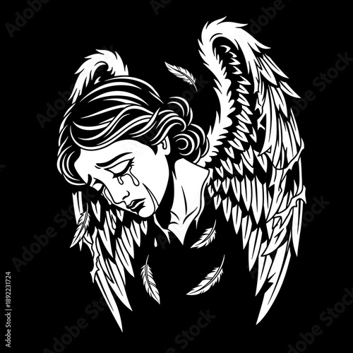 Crying angel with wings and falling feathers in black and white.