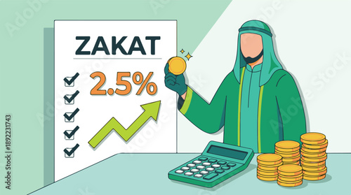 Zakat Concept: Muslim Man Calculating Islamic Alms with Gold Coins and Percentage
