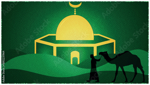 A tranquil desert night scene shows a person guiding a camel towards a glowing mosque under a crescent moon, representing a spiritual journey and peaceful contemplation