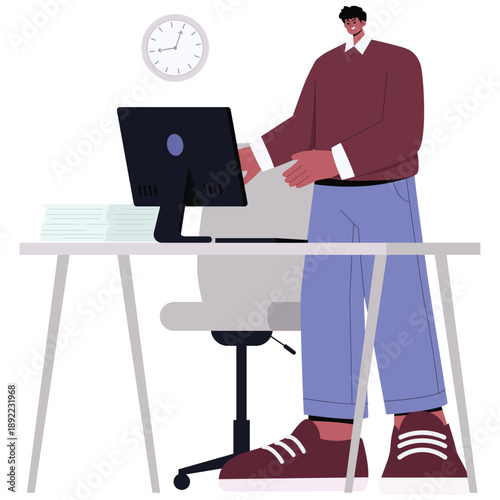 Productivity Work Illustration. Vector illustration of Businessman standing at desk using computer, representing modern office routine and focused work. Isolated on background