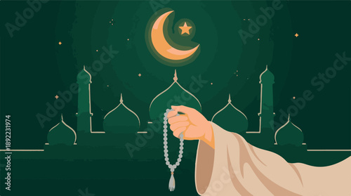 Muslim hand holding prayer beads against mosque silhouettes, crescent moon and star