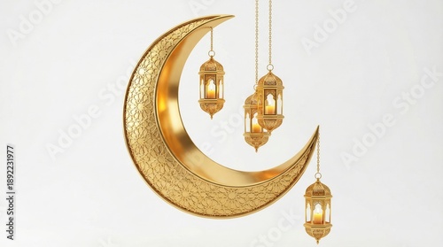 Elegant Golden Crescent Moon Adorned with Illuminated Lanterns for Islamic Festivities