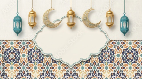 Elegant Islamic Festive Background with Hanging Lanterns, Crescent Moons, and Ornate Mosaic Tiles for Celebrations
