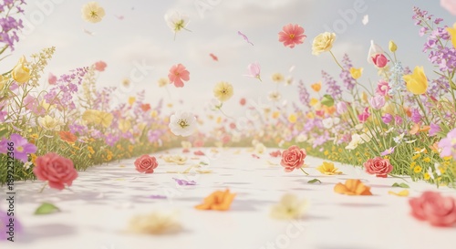 Wallpaper Mural 陽光が優しく降り注ぐ道色鮮やかな花々が咲き誇り舞い降りる花びらが道を埋め尽くす幻想的な春景色. AI Generated Torontodigital.ca