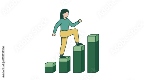 Woman climbing bar chart for business growth, career development, and success