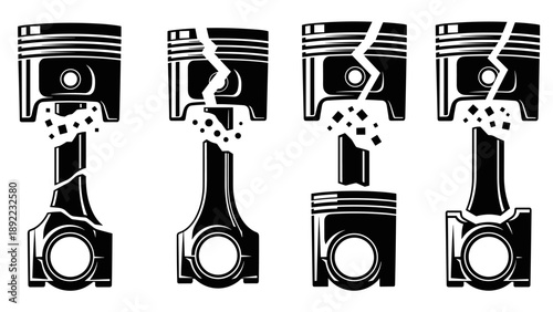 Set of Broken Engine Pistons Illustrating Mechanical Failure and Damage.