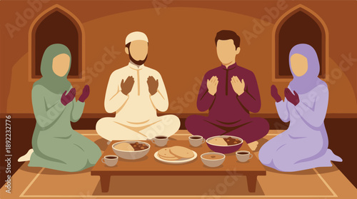 Muslim family praying together before Iftar meal during Ramadan