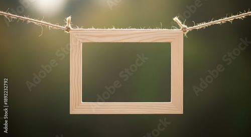 Empty wooden frame hanging on a rope against a blurred green background, mockup for photo or art