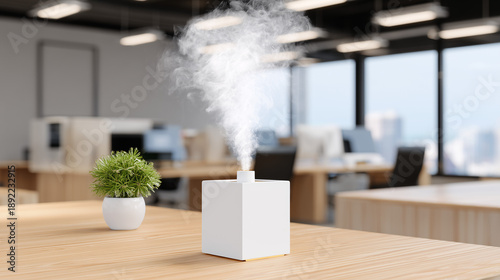 Desktop humidifier or aroma diffuser on an office desk with visible vapor, shot for corporate wellness and workplace gadgets.