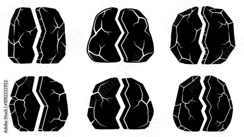Set of six cracked brain illustrations representing mental health and stress.