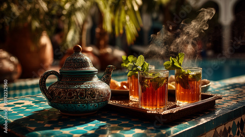 Traditional Moroccan mint tea served in a Riad courtyard