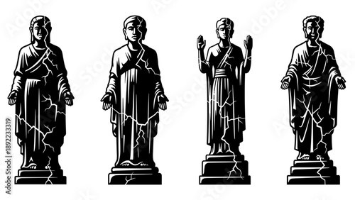 Four ancient cracked statues standing in a row.