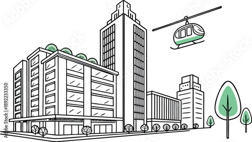 Modern cityscape with green helicopter flying over skyscrapers and trees