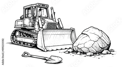 Hand drawn line art illustration of a bulldozer depicting excavation work with a large rock for construction themes