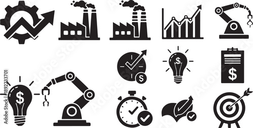 Business and industry growth silhouette icon set including gear with arrow, factory, chart, robot arm, efficiency symbols, flat black vector icons, isolated on white background.eps