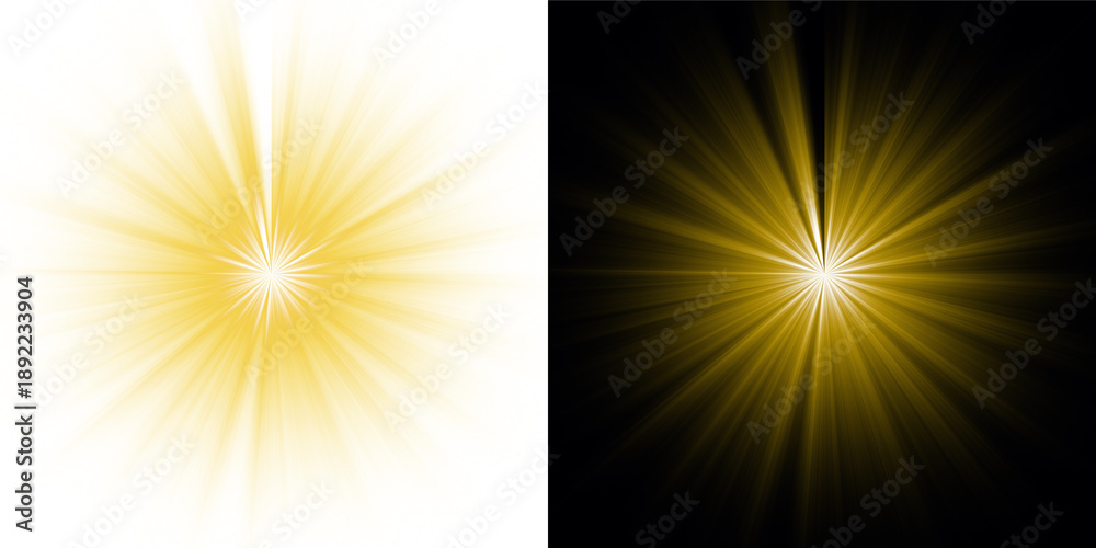 Obraz premium PNG Glowing Yellow Sunburst Light Flare, yellow sun rays burst effect, light sparkle, shiny starlight glow. Abstract Star Effect