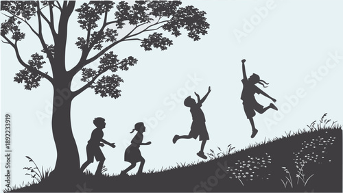 Children playing happily in nature with tree and hill