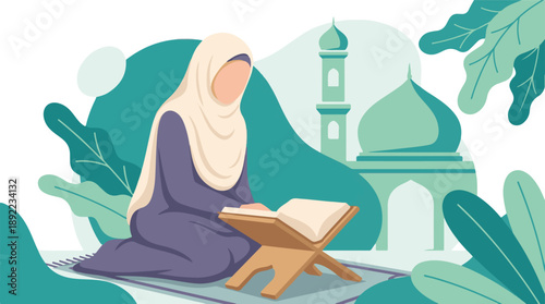 Muslim woman in hijab reading Quran on prayer mat, mosque in background