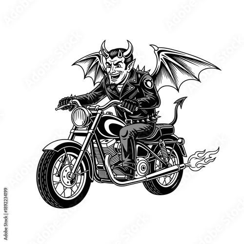 Devil Biker Riding Motorcycle with Flames and Wings.