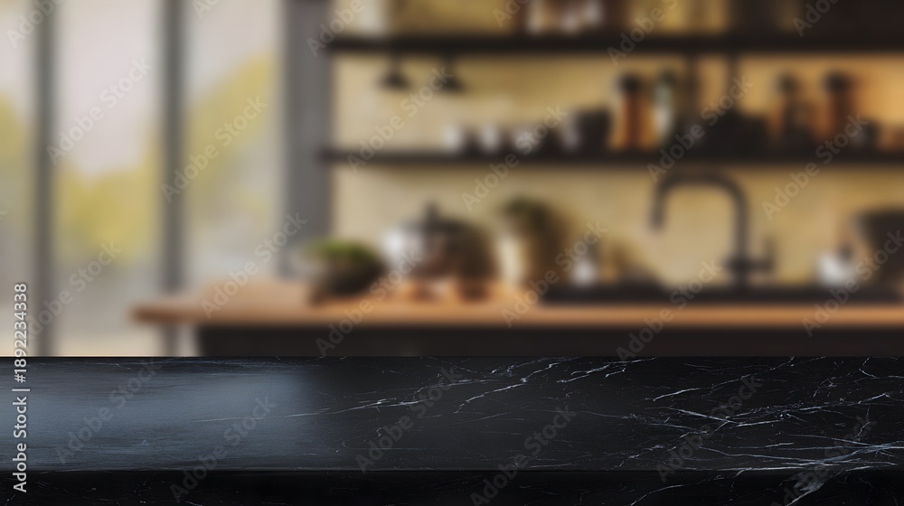Obraz premium Elegant black marble tabletop display showcasing warm kitchen details a serene product presentation
