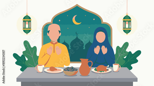 Muslim couple praying with traditional Iftar meal, Ramadan celebration