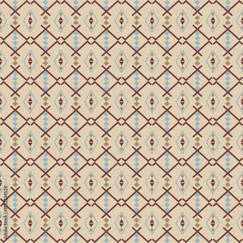 ; Ethnic Geometric Seamless Pattern inspired by Traditional textile weaving and folk motifs. Featuring repeating diamond, stripe, zigzag, and grid elements with handcrafted texture and earthy tones. 